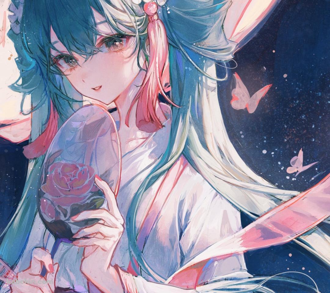 団扇を持つ天女姿の初音ミク / 月 / ボカロ / ボーカロイドのAndroidの壁紙(1080px x 960px) スマホ用