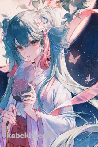 団扇を持つ天女姿の初音ミク / 月 / ボカロ / ボーカロイドのAndroidの壁紙(320px x 480px) スマホ用