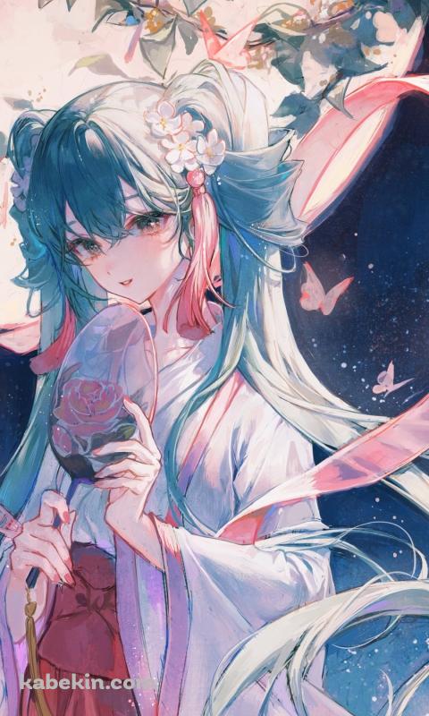 団扇を持つ天女姿の初音ミク / 月 / ボカロ / ボーカロイドのAndroidの壁紙(480px x 800px) スマホ用
