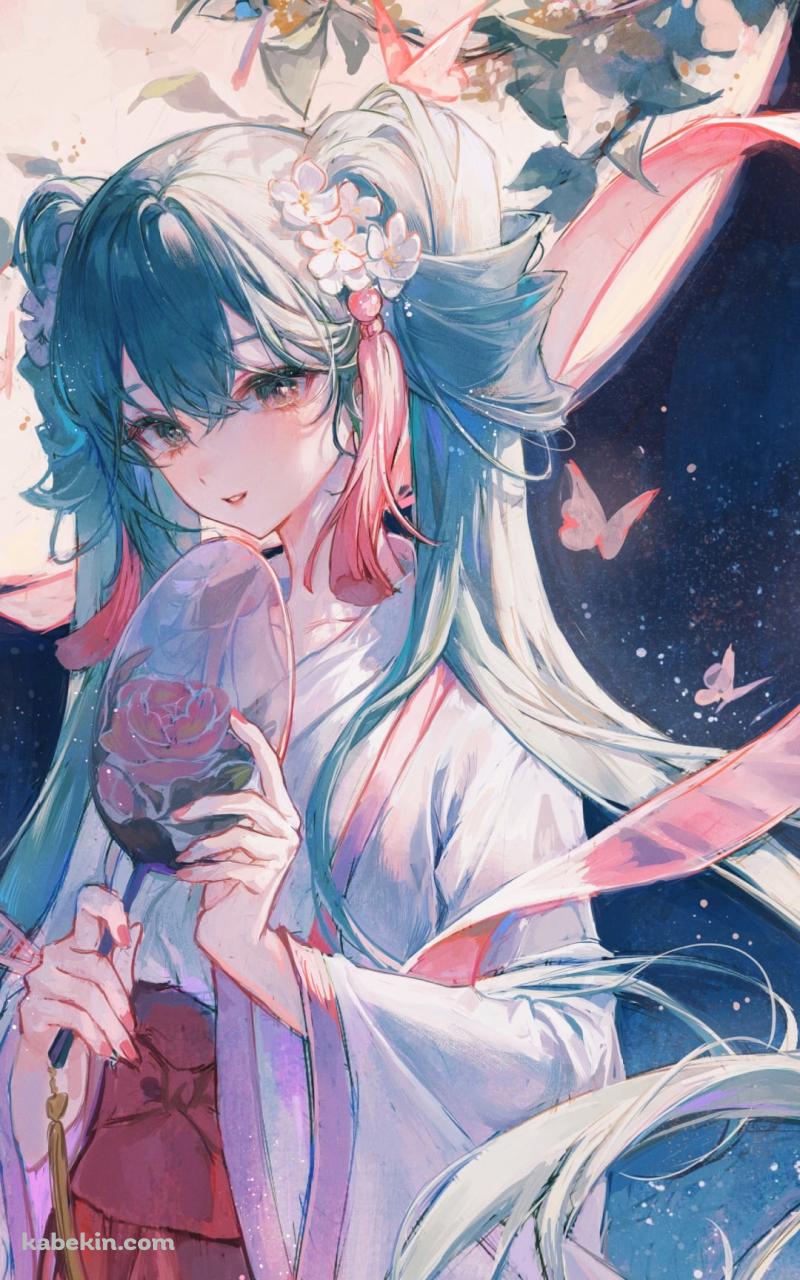 団扇を持つ天女姿の初音ミク / 月 / ボカロ / ボーカロイドのAndroidの壁紙(800px x 1280px) スマホ用