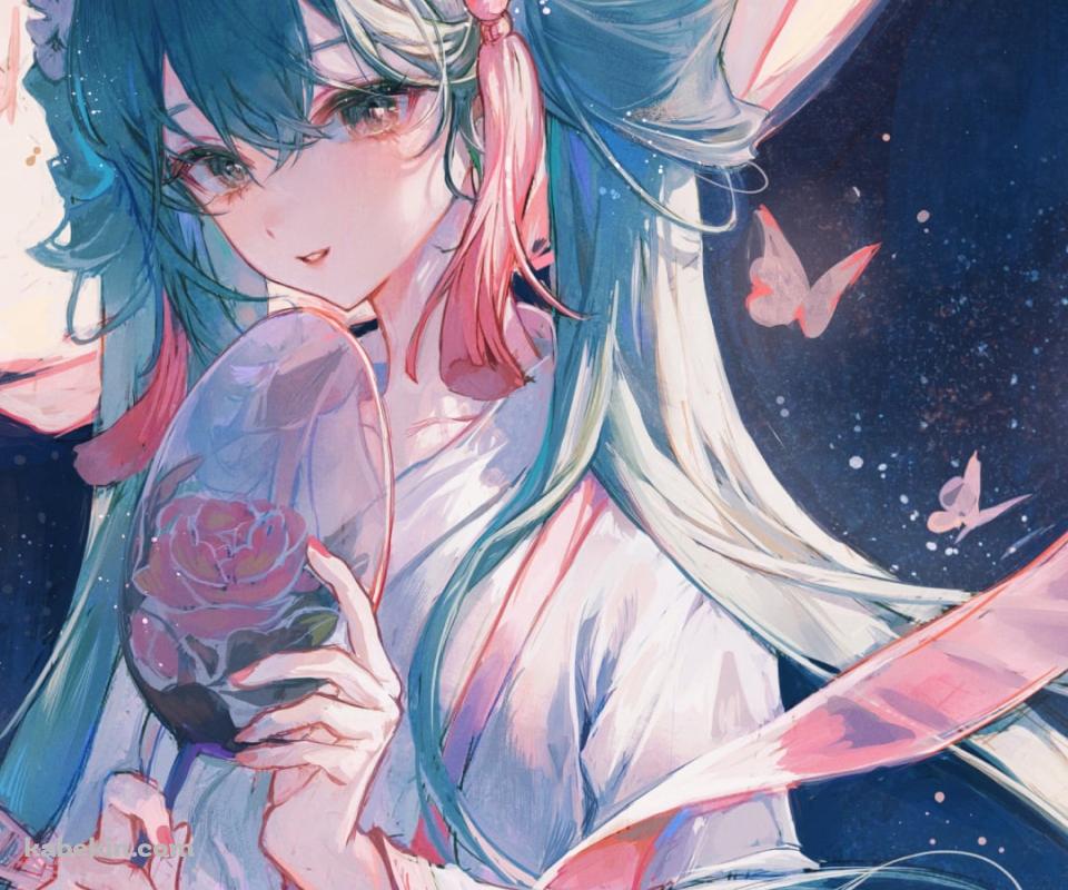 団扇を持つ天女姿の初音ミク / 月 / ボカロ / ボーカロイドのAndroidの壁紙(960px x 800px) スマホ用