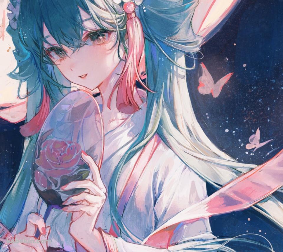 団扇を持つ天女姿の初音ミク / 月 / ボカロ / ボーカロイドのAndroidの壁紙(960px x 854px) スマホ用