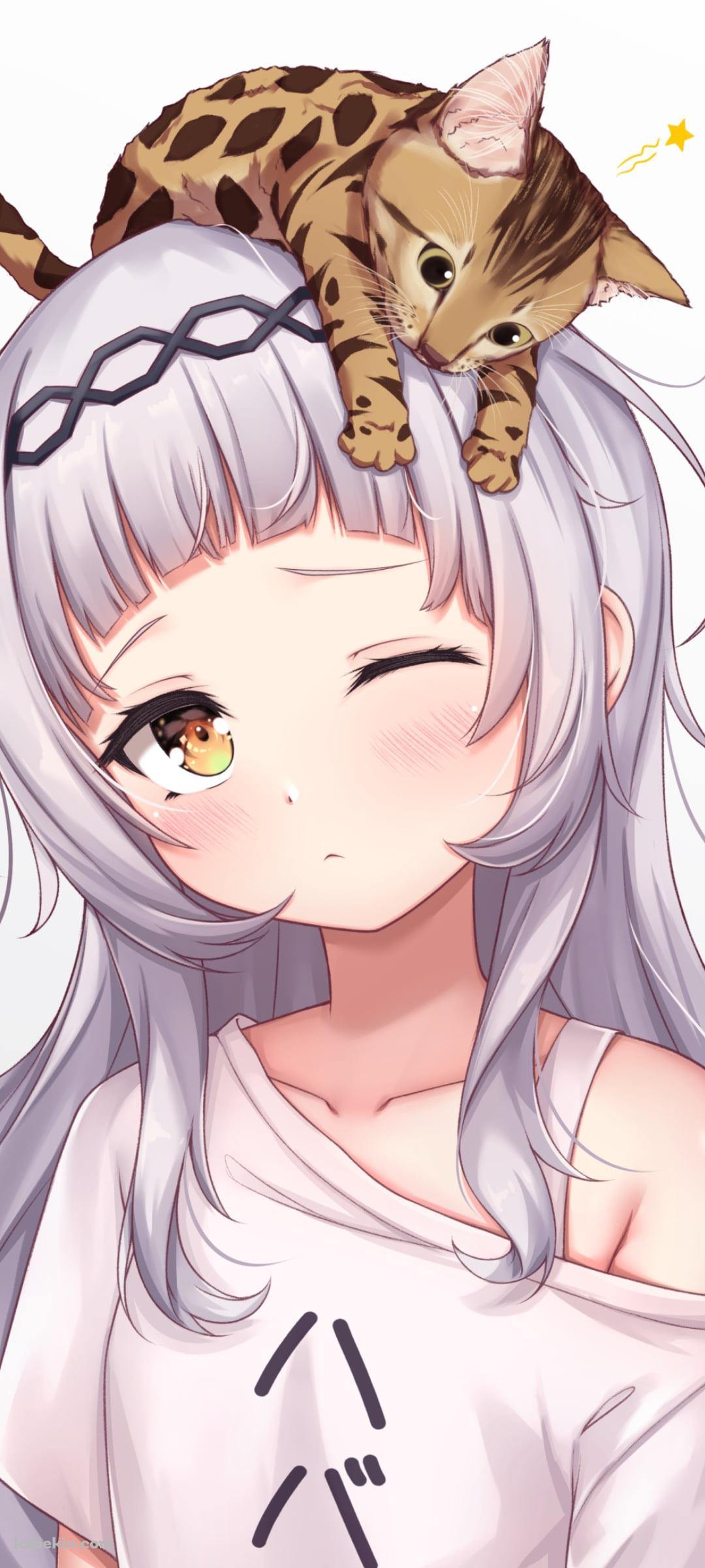 頭に猫を乗せた眠そうな紫咲シオン / ホロライブ / バーチャルYouTuber / VtuberのAndroidの壁紙(1080px x 2400px) スマホ用