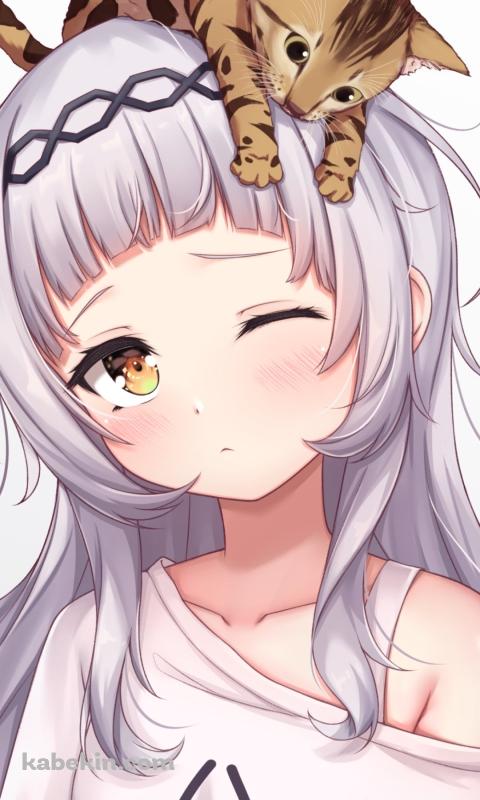 頭に猫を乗せた眠そうな紫咲シオン / ホロライブ / バーチャルYouTuber / VtuberのAndroidの壁紙(480px x 800px) スマホ用