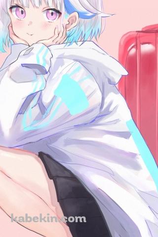 赤いスーツケースとしゃがんでいるリゼ・ヘルエスタ / にじさんじ / バーチャルYouTuber / VtuberのAndroidの壁紙(320px x 480px) スマホ用