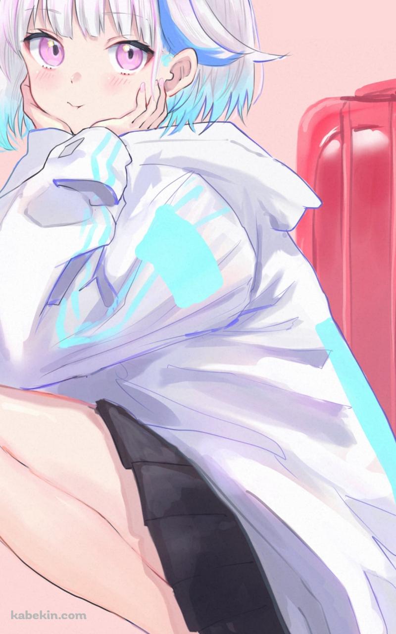 赤いスーツケースとしゃがんでいるリゼ・ヘルエスタ / にじさんじ / バーチャルYouTuber / VtuberのAndroidの壁紙(800px x 1280px) スマホ用