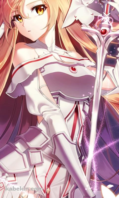 白い剣を持つ可愛いアスナ / 光る蝶 / SAO / ソードアートオンラインのAndroidの壁紙(480px x 800px) スマホ用