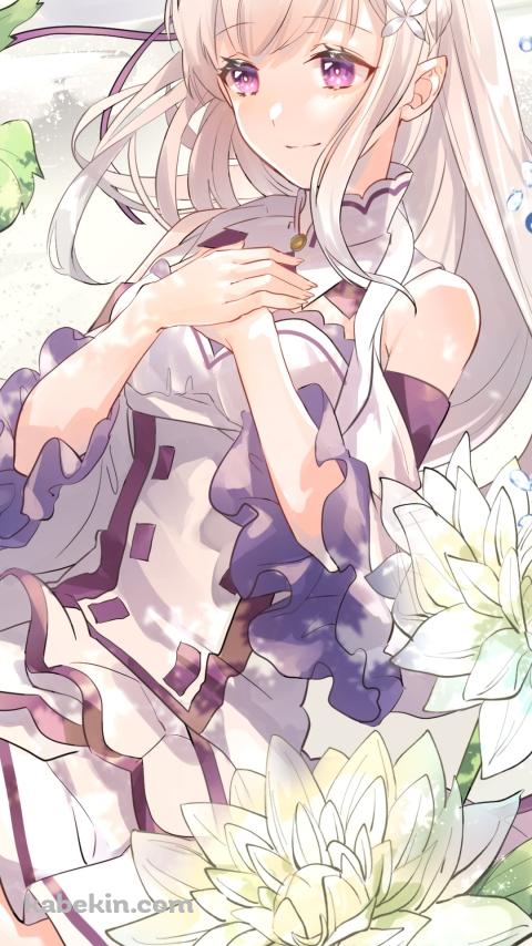 大きな白い花とエミリア / リゼロ / re:ゼロから始める異世界生活のAndroidの壁紙(480px x 854px) スマホ用
