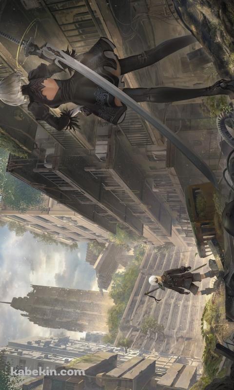 対峙するヨルハ二号b型とヨルハ九号s型 / ニーア・オートマタ / nier: automataのAndroidの壁紙(480px x 800px) スマホ用
