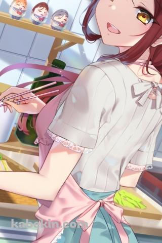 タコさんウィンナーを箸で持つ笑顔の桜内梨子 / 渡辺曜 / 高海千歌 / ラブライブ!サンシャイン!!のAndroidの壁紙(320px x 480px) スマホ用