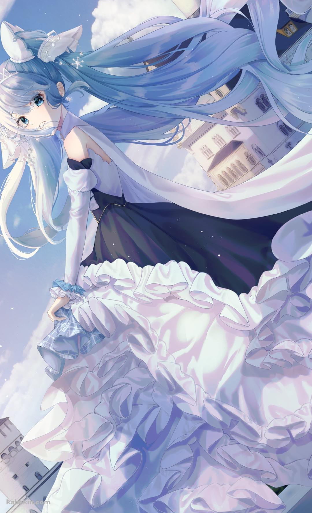 西欧風のお城とドレスを着た綺麗な初音ミク / ボカロ / ボーカロイドのAndroidの壁紙(1080px x 1776px) スマホ用