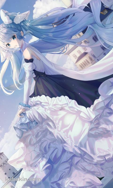 西欧風のお城とドレスを着た綺麗な初音ミク / ボカロ / ボーカロイドのAndroidの壁紙(480px x 800px) スマホ用