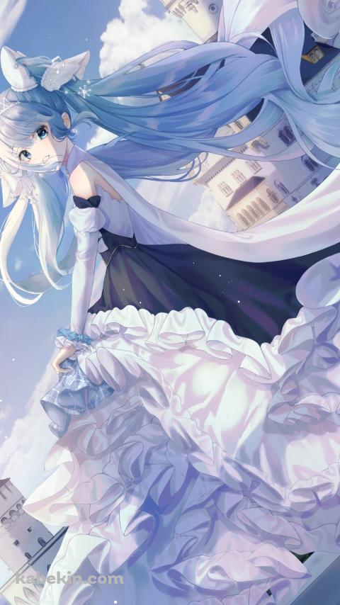 西欧風のお城とドレスを着た綺麗な初音ミク / ボカロ / ボーカロイドのAndroidの壁紙(480px x 854px) スマホ用