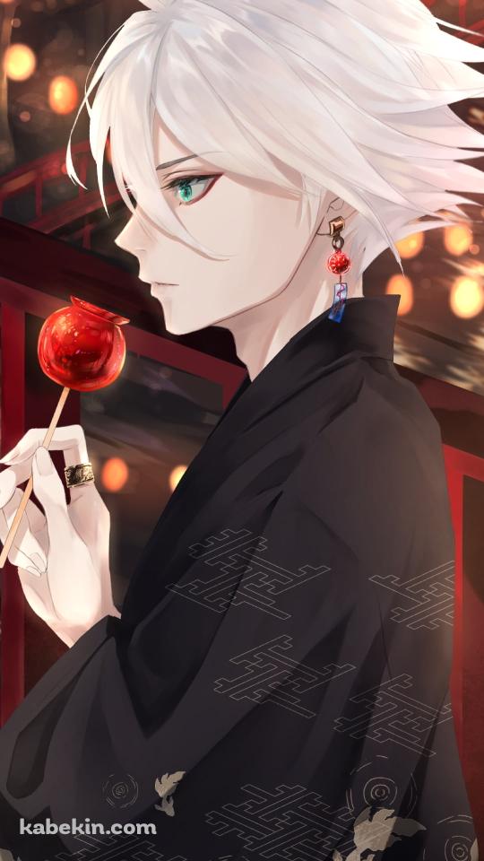 黒い着物を着てりんご飴を持つカルナ / fate/grand orderのAndroidの壁紙(540px x 960px) スマホ用