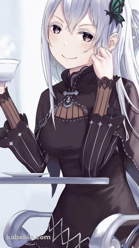 ティーカップを持ち微笑むエキドナ / Re:ゼロから始める異世界生活のAndroidの壁紙(480px x 854px) スマホ用