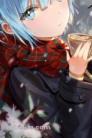小さいコーヒーカップに入った珈琲を持つ可愛いレム / Re:ゼロから始める異世界生活のAndroidの壁紙(320px x 480px) スマホ用