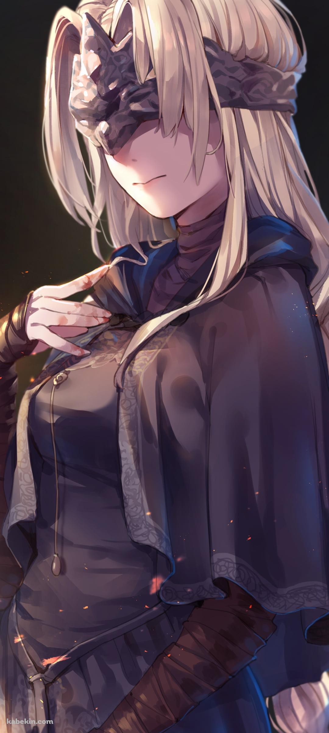 火の粉とこちらに顔を向ける黒衣の火防女 / かぼたん / fire keeper / dark soulsのAndroidの壁紙(1080px x 2400px) スマホ用