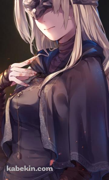 火の粉とこちらに顔を向ける黒衣の火防女 / かぼたん / fire keeper / dark soulsのAndroidの壁紙(360px x 592px) スマホ用