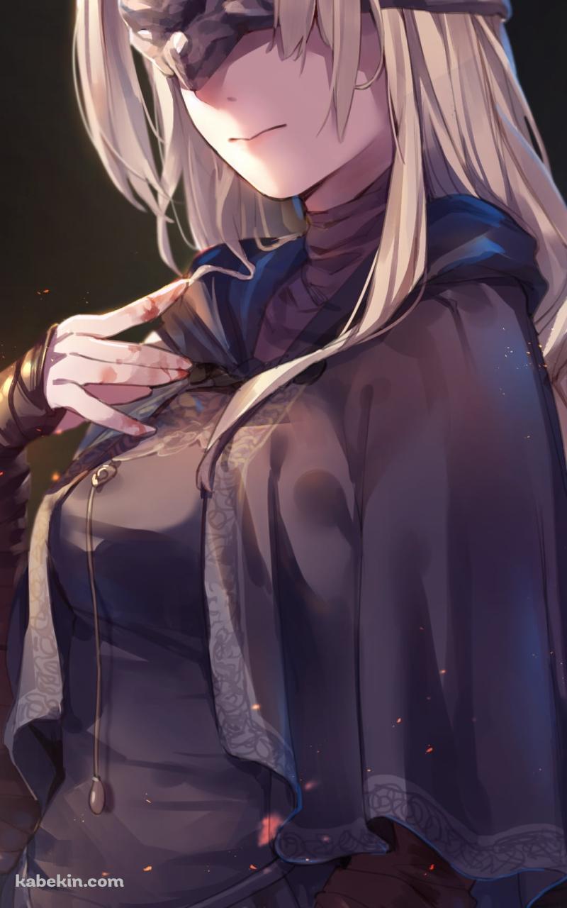 火の粉とこちらに顔を向ける黒衣の火防女 / かぼたん / fire keeper / dark soulsのAndroidの壁紙(800px x 1280px) スマホ用
