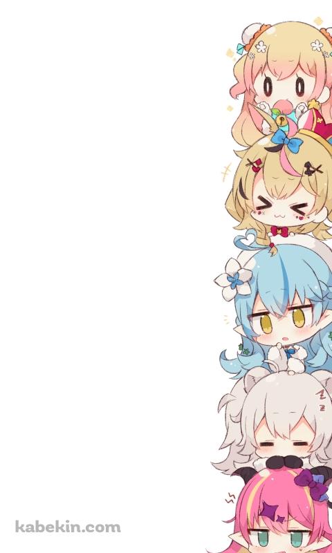 縦に並んだデフォルメされた可愛い雪花ラミィ、獅白ぼたん、尾丸ポルカ、桃鈴ねね、魔乃アロエ / ホロライブ / バーチャルYouTuber / VtuberのAndroidの壁紙(480px x 800px) スマホ用