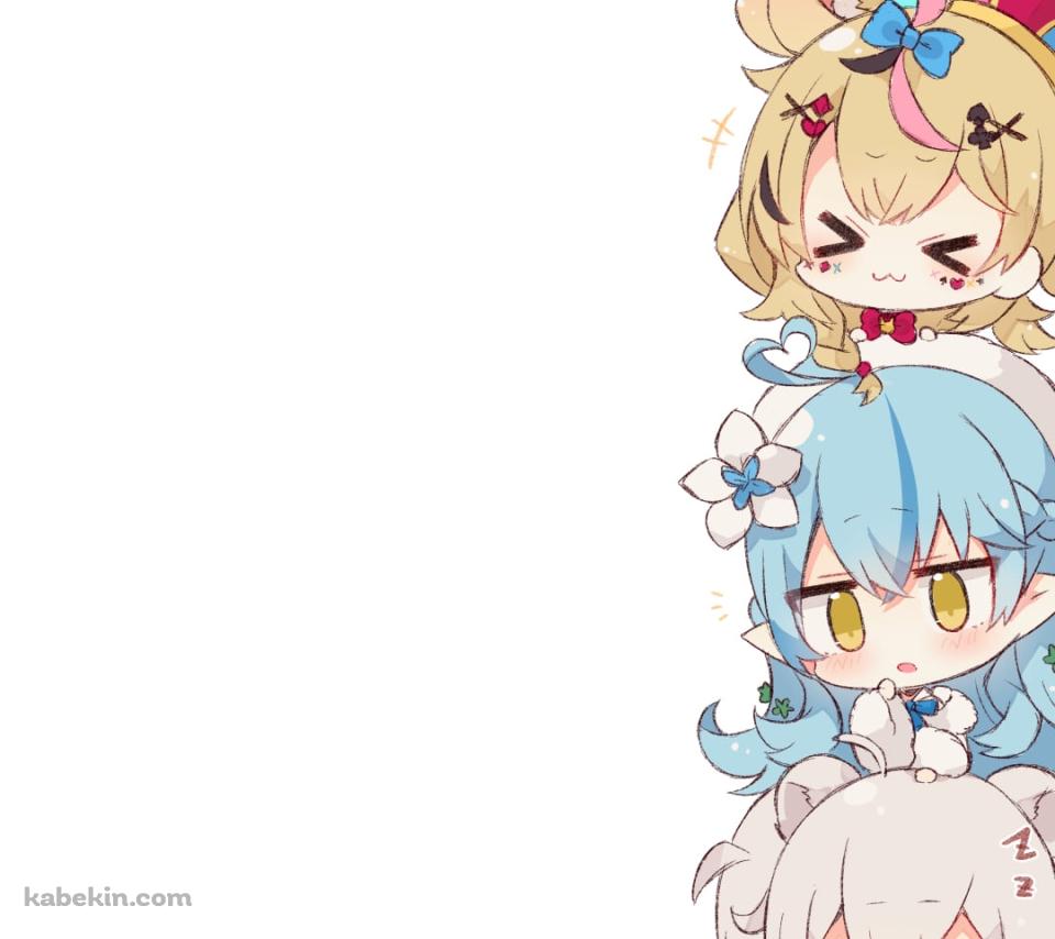 縦に並んだデフォルメされた可愛い雪花ラミィ、獅白ぼたん、尾丸ポルカ、桃鈴ねね、魔乃アロエ / ホロライブ / バーチャルYouTuber / VtuberのAndroidの壁紙(960px x 854px) スマホ用