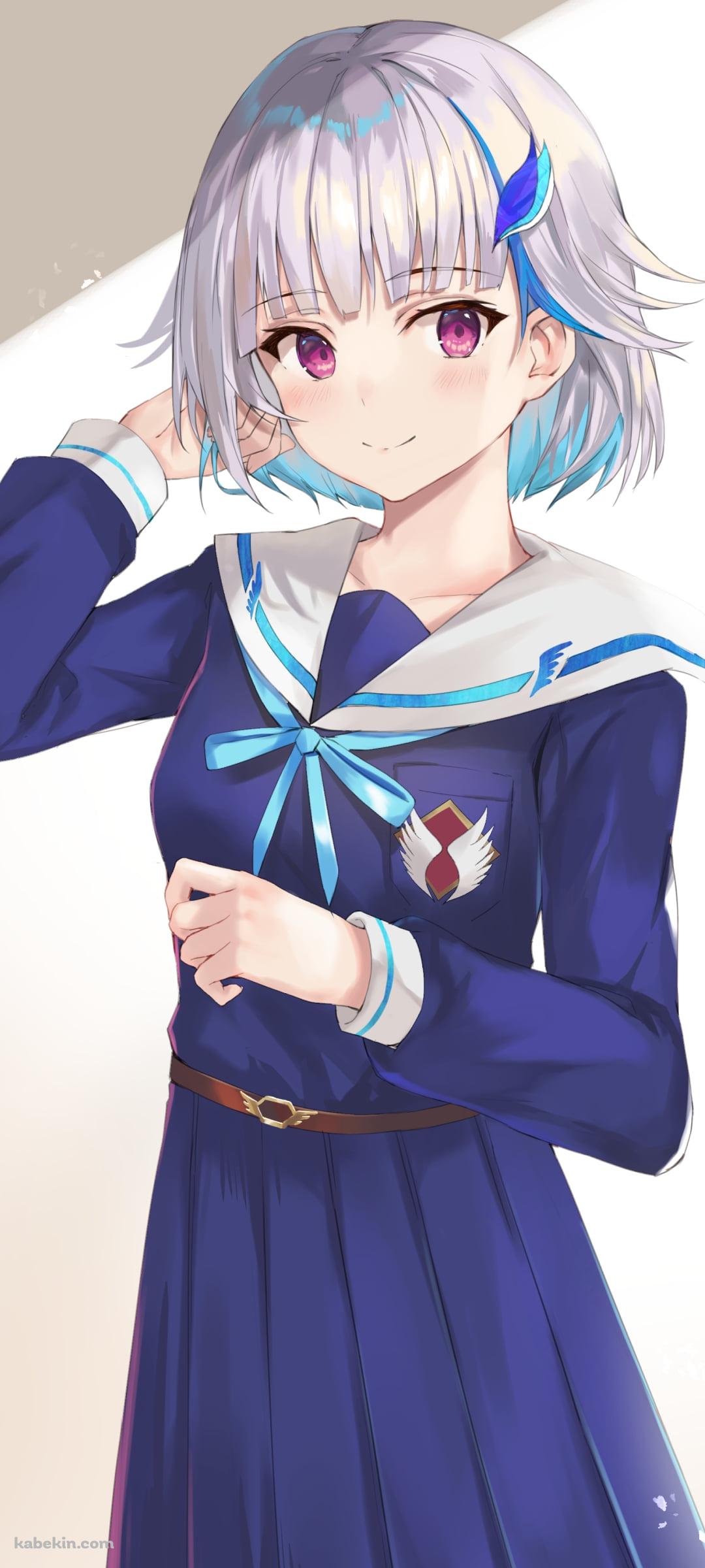 青いセーラー服を着た可愛いリゼ・ヘルエスタ / 紫の瞳 / 銀髪 / ショートカット / にじさんじ / バーチャルYouTuber / VtuberのAndroidの壁紙(1080px x 2400px) スマホ用