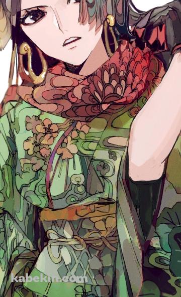 緑の着物を着た綺麗なボア・ハンコック / 大きなイヤリング / 赤いスカーフ / ワンピース / ONE PIECEのAndroidの壁紙(360px x 592px) スマホ用