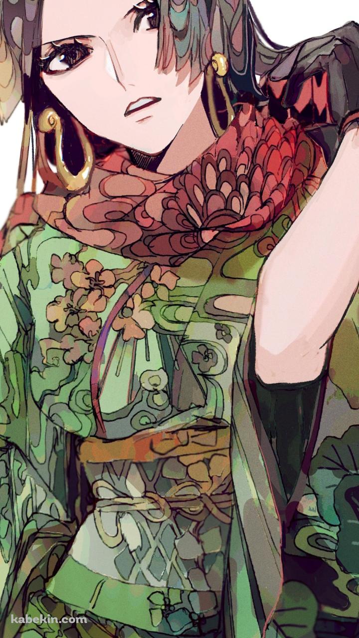 緑の着物を着た綺麗なボア・ハンコック / 大きなイヤリング / 赤いスカーフ / ワンピース / ONE PIECEのAndroidの壁紙(720px x 1280px) スマホ用