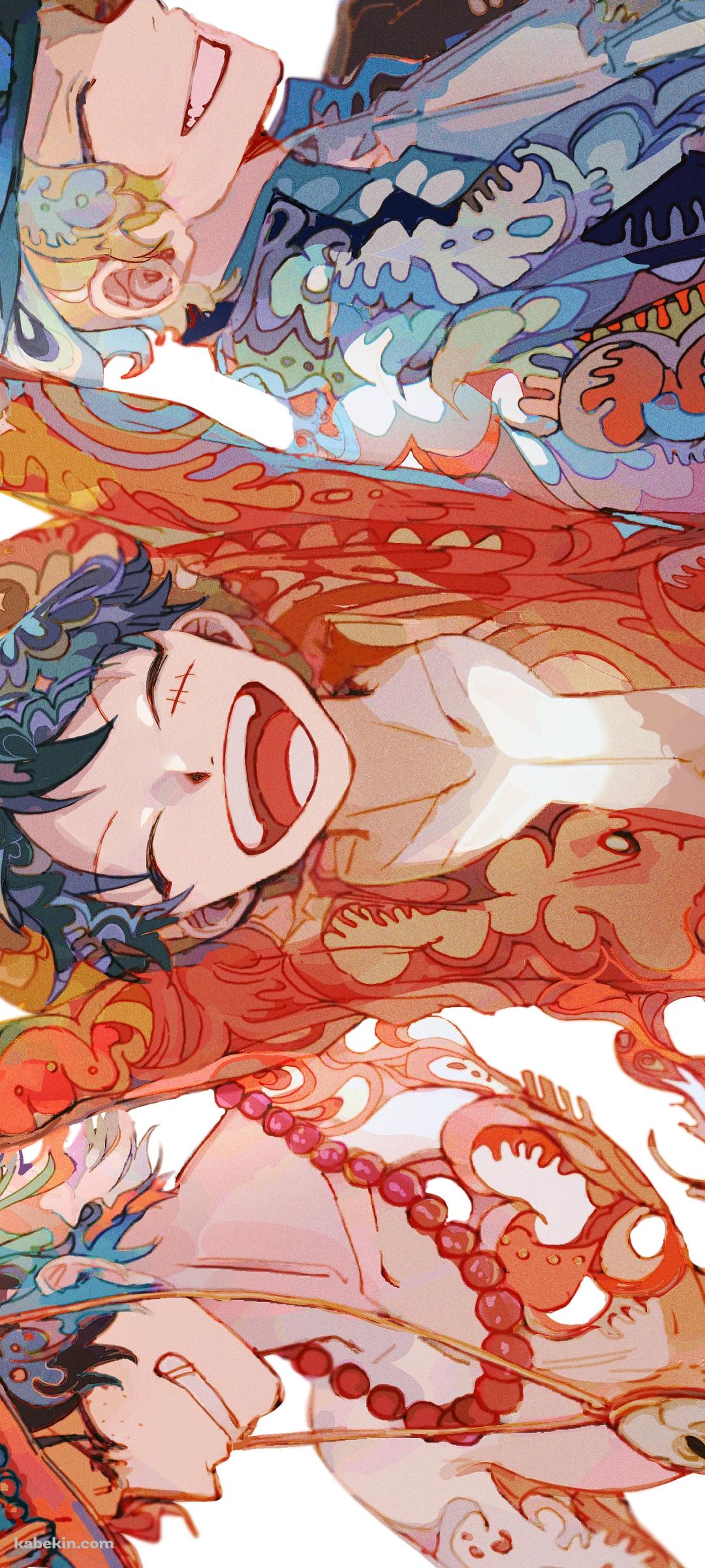 万歳する笑顔のルフィ / ポートガス・d・エース / サボ / ワンピース / 盃兄弟 / ONE PIECEのAndroidの壁紙(1080px x 2400px) スマホ用