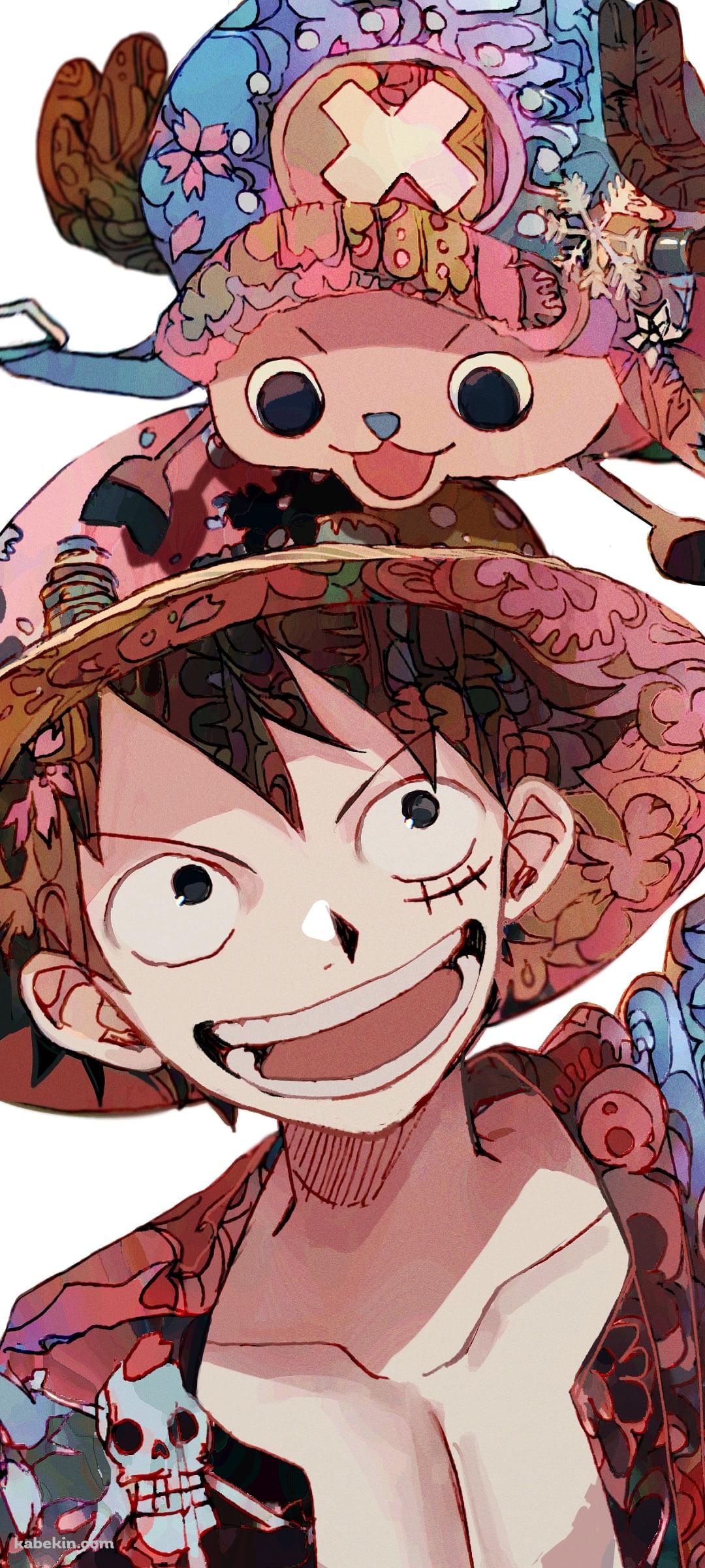笑顔のモンキー・d・ルフィとトニートニー・チョッパー / 水彩 / ワンピース / ONE PIECEのAndroidの壁紙(1080px x 2400px) スマホ用