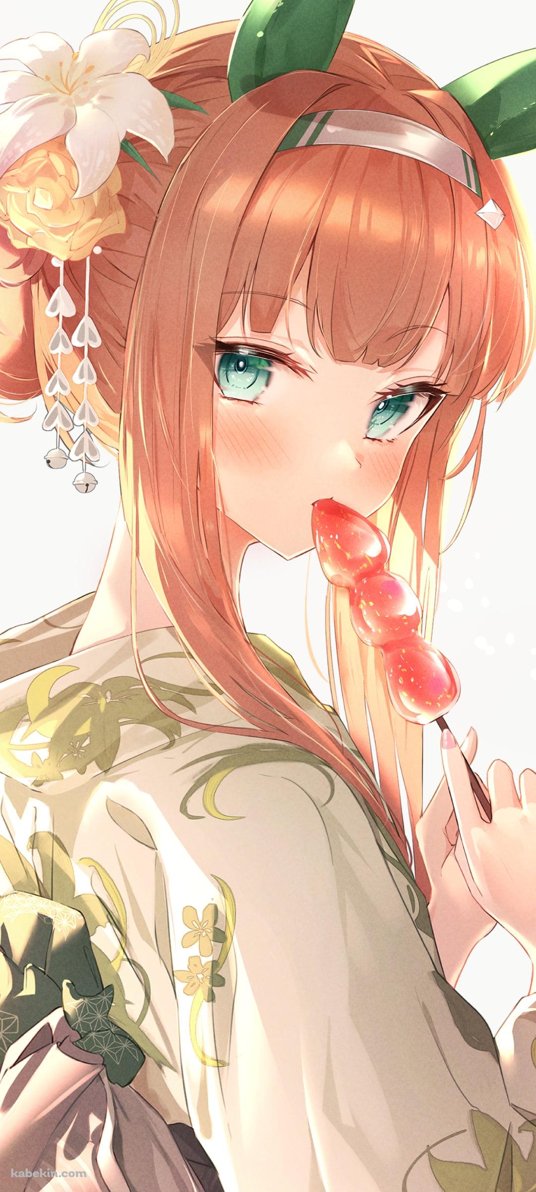 お団子を食べる緑の着物を着た綺麗なサイレンススズカ / ウマ娘プリティーダービーのAndroidの壁紙(1080px x 2400px) スマホ用