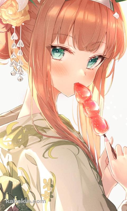 お団子を食べる緑の着物を着た綺麗なサイレンススズカ / ウマ娘プリティーダービーのAndroidの壁紙(480px x 800px) スマホ用