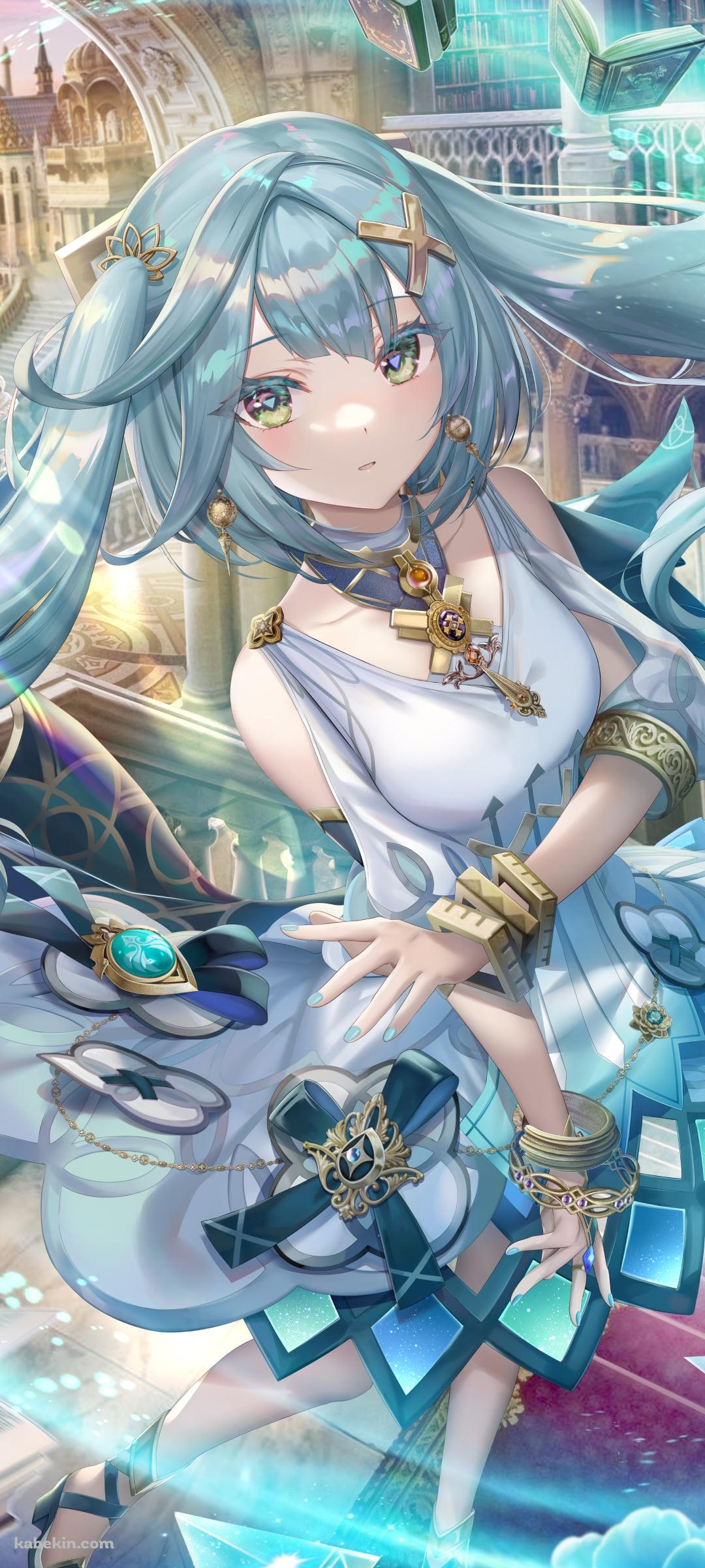 中世の街並みとファルザン / ツインテール / 空中に浮かぶ本 / 原神のAndroidの壁紙(1080px x 2400px) スマホ用