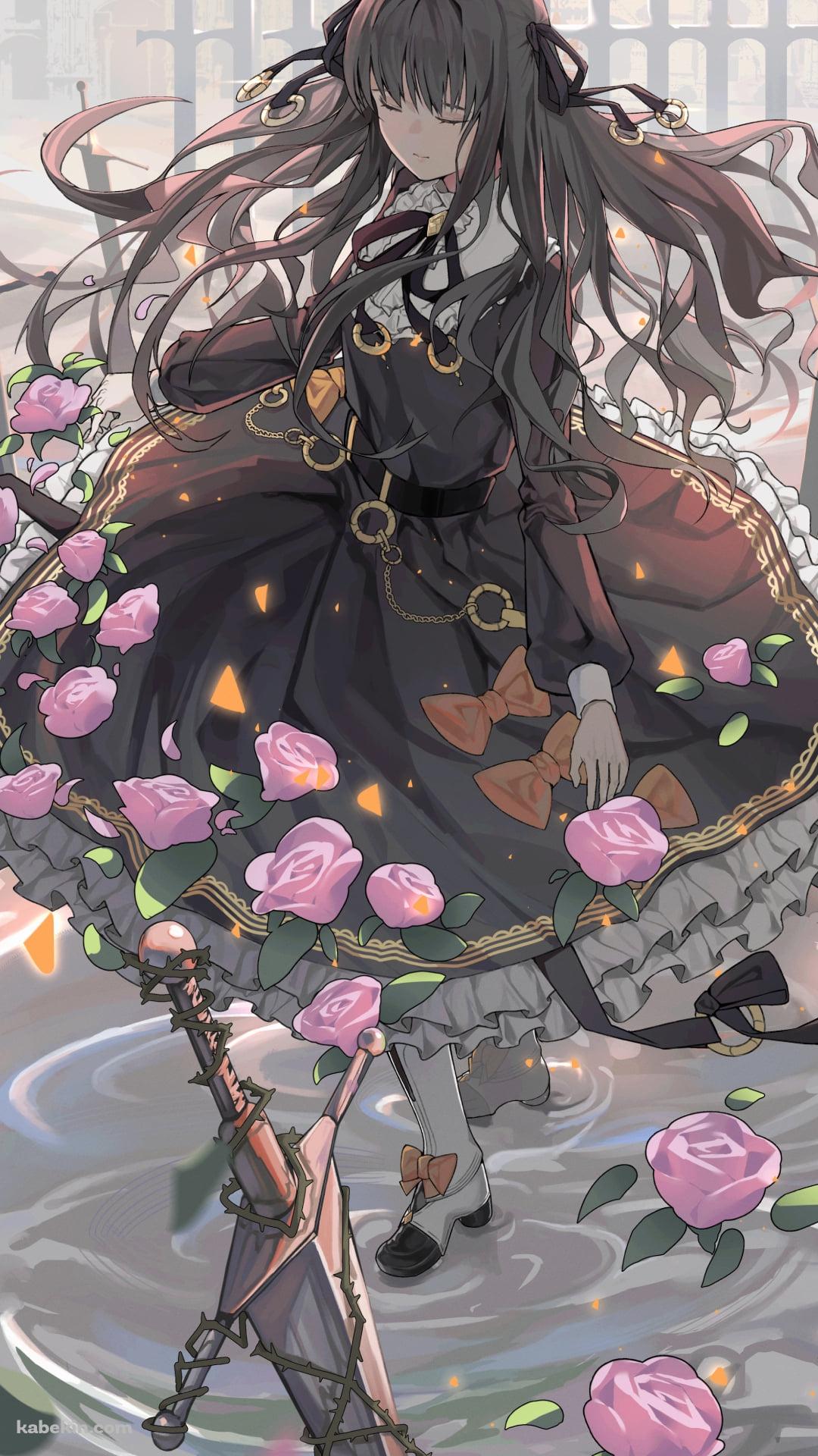 水の上に佇む対立 / ピンクの薔薇 / 大きな剣 / 綺麗 / アーケアのAndroidの壁紙(1080px x 1920px) スマホ用