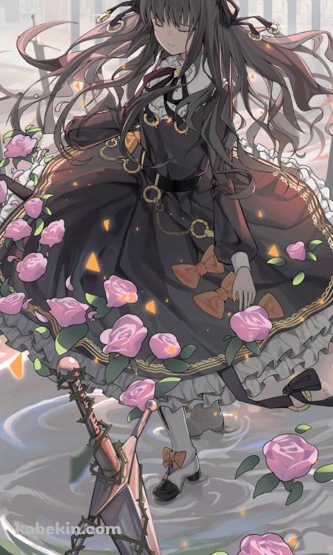 水の上に佇む対立 / ピンクの薔薇 / 大きな剣 / 綺麗 / アーケアのAndroidの壁紙(480px x 800px) スマホ用