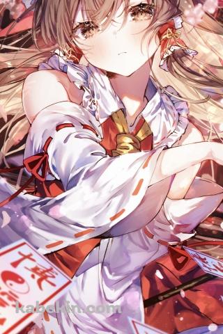 沢山のお札を投げる博麗霊夢 / 東方のAndroidの壁紙(320px x 480px) スマホ用