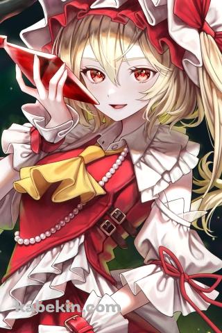 大きな赤い宝石を持ち微笑むフランドール・スカーレット / 東方のAndroidの壁紙(320px x 480px) スマホ用