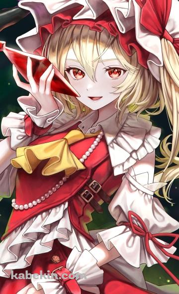 大きな赤い宝石を持ち微笑むフランドール・スカーレット / 東方のAndroidの壁紙(360px x 592px) スマホ用