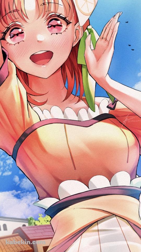 オレンジの服を着た笑顔の高海千歌 / ラブライブ!サンシャイン!!のAndroidの壁紙(540px x 960px) スマホ用