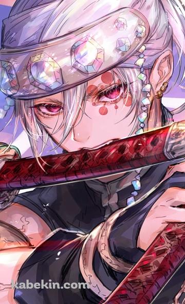 刀を咥えるかっこいい宇髄 天元 / 二刀流 / 音柱 / Tengen Uzui / 鬼滅の刃のAndroidの壁紙(360px x 592px) スマホ用