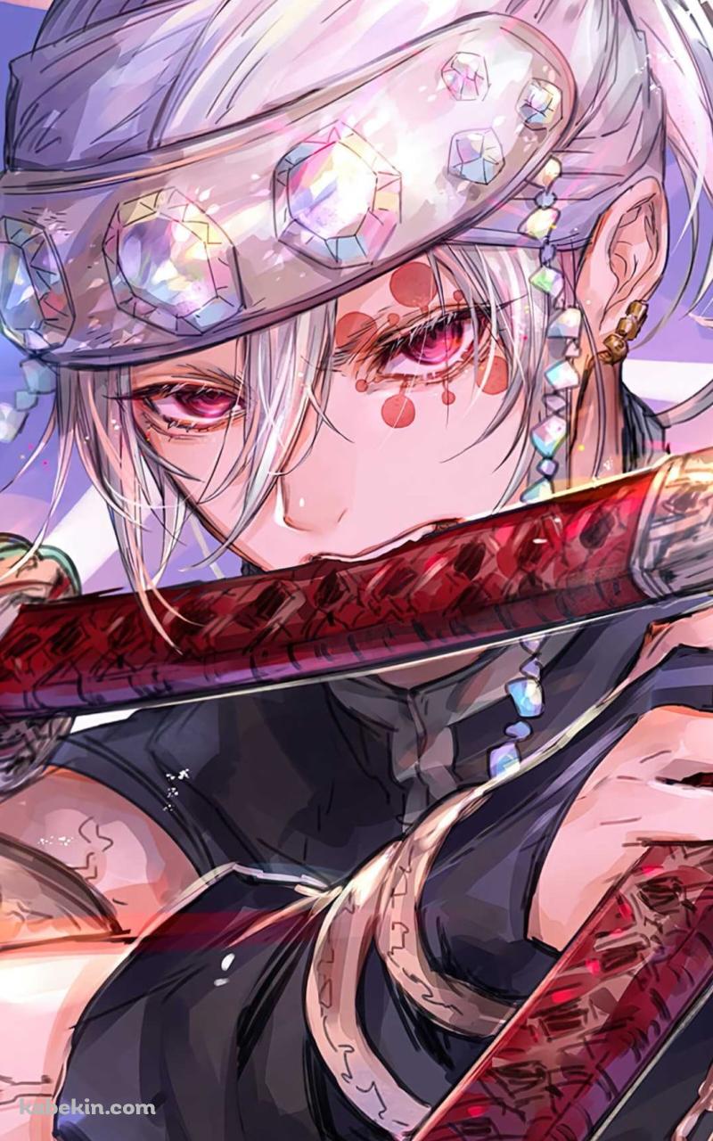 刀を咥えるかっこいい宇髄 天元 / 二刀流 / 音柱 / Tengen Uzui / 鬼滅の刃のAndroidの壁紙(800px x 1280px) スマホ用