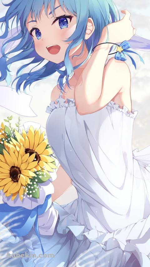 風に飛ばされた白い帽子と星街すいせい / 黄色い向日葵 / 稲穂 / ホロライブ / バーチャルYouTuber / VtuberのAndroidの壁紙(480px x 854px) スマホ用