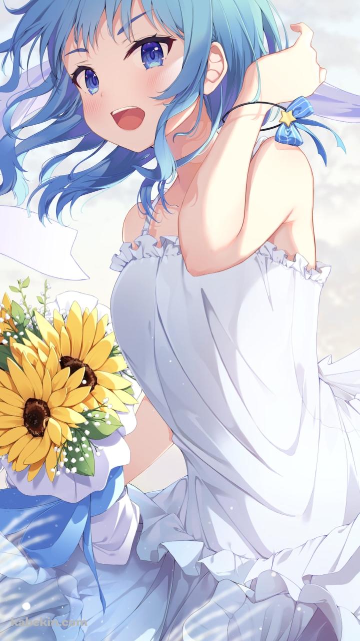 風に飛ばされた白い帽子と星街すいせい / 黄色い向日葵 / 稲穂 / ホロライブ / バーチャルYouTuber / VtuberのAndroidの壁紙(720px x 1280px) スマホ用