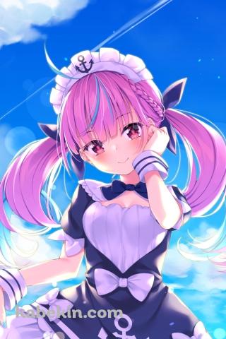夏の海とめちゃくちゃ可愛い湊あくあ / 青空 / ホロライブ / バーチャルYouTuber / VtuberのAndroidの壁紙(320px x 480px) スマホ用