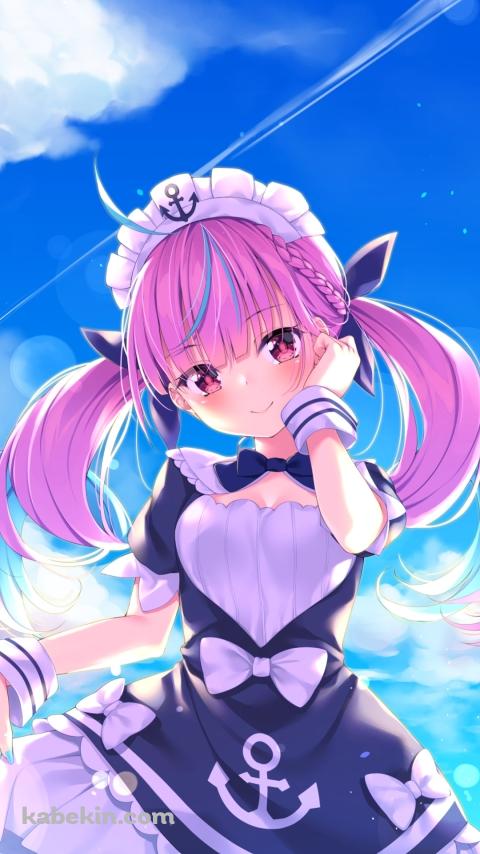 夏の海とめちゃくちゃ可愛い湊あくあ / 青空 / ホロライブ / バーチャルYouTuber / VtuberのAndroidの壁紙(480px x 854px) スマホ用