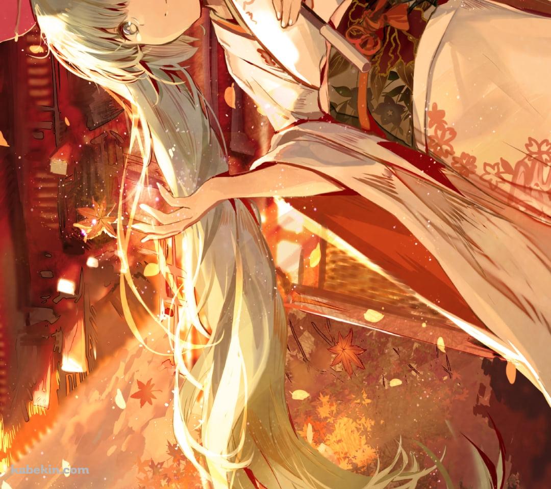 赤い和傘をさした着物を着た綺麗な初音ミク / 紅葉 / ボカロ / ボーカロイドのAndroidの壁紙(1080px x 960px) スマホ用