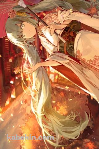 赤い和傘をさした着物を着た綺麗な初音ミク / 紅葉 / ボカロ / ボーカロイドのAndroidの壁紙(320px x 480px) スマホ用