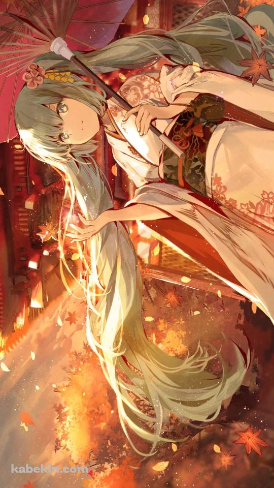 赤い和傘をさした着物を着た綺麗な初音ミク / 紅葉 / ボカロ / ボーカロイドのAndroidの壁紙(540px x 960px) スマホ用