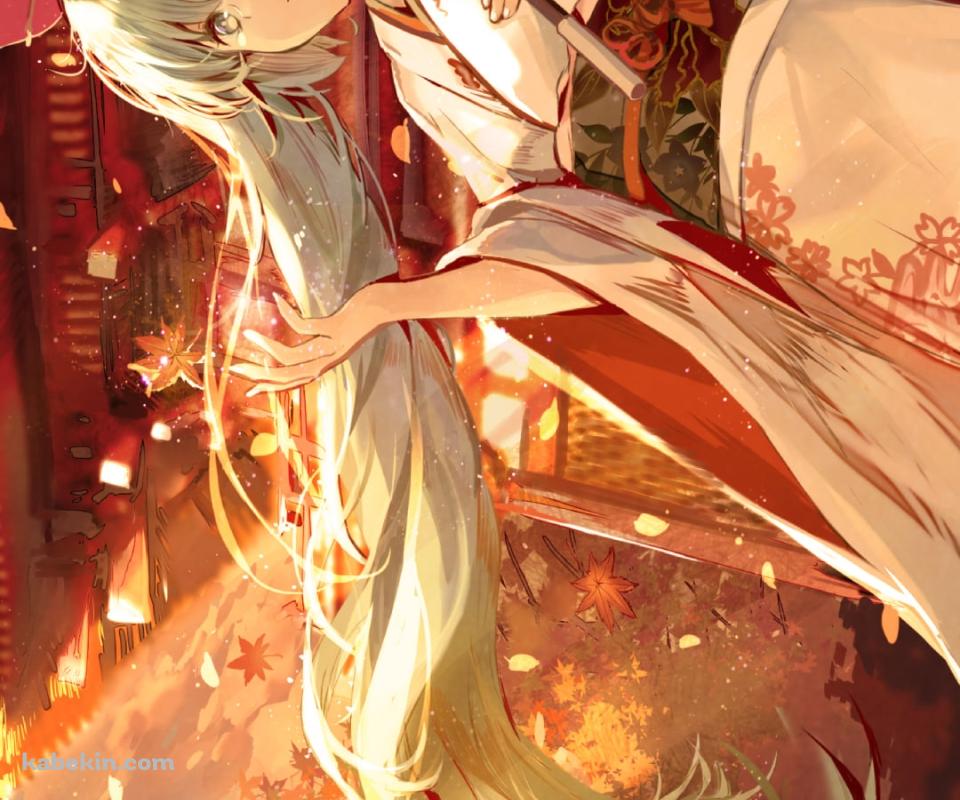 赤い和傘をさした着物を着た綺麗な初音ミク / 紅葉 / ボカロ / ボーカロイドのAndroidの壁紙(960px x 800px) スマホ用