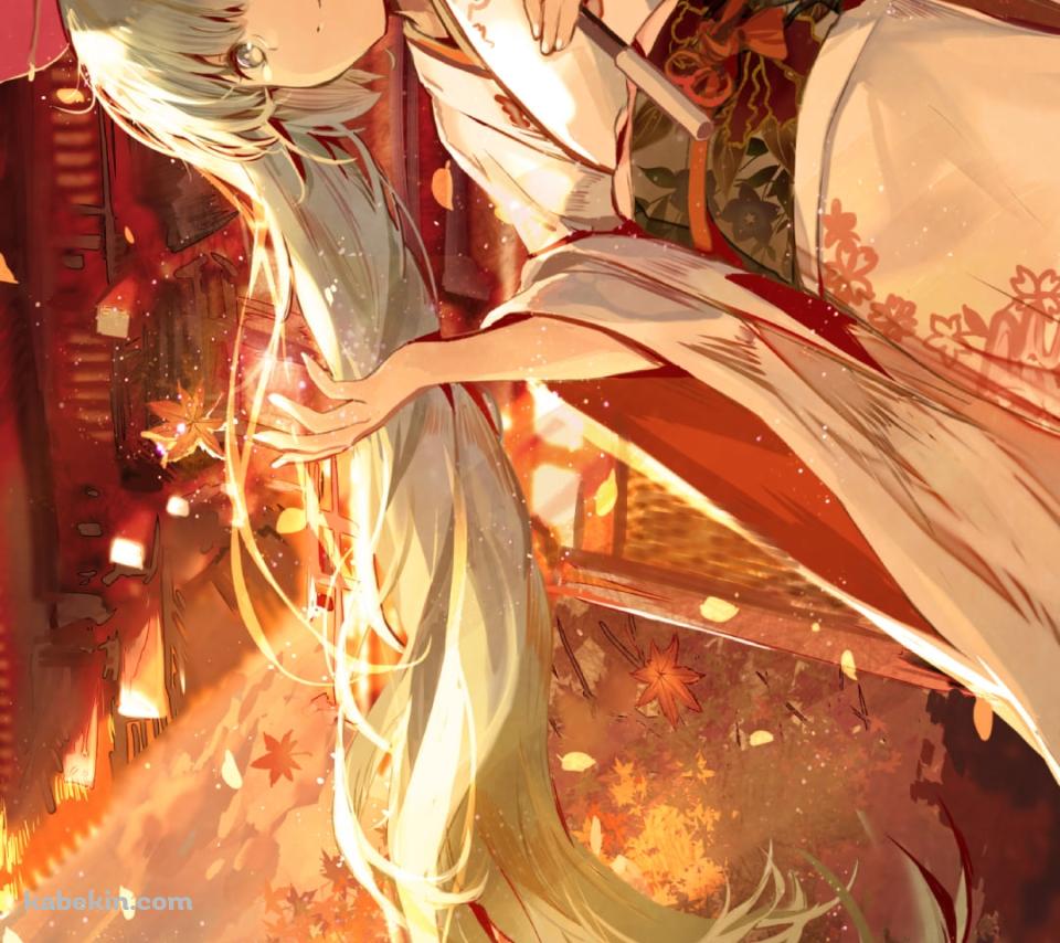 赤い和傘をさした着物を着た綺麗な初音ミク / 紅葉 / ボカロ / ボーカロイドのAndroidの壁紙(960px x 854px) スマホ用